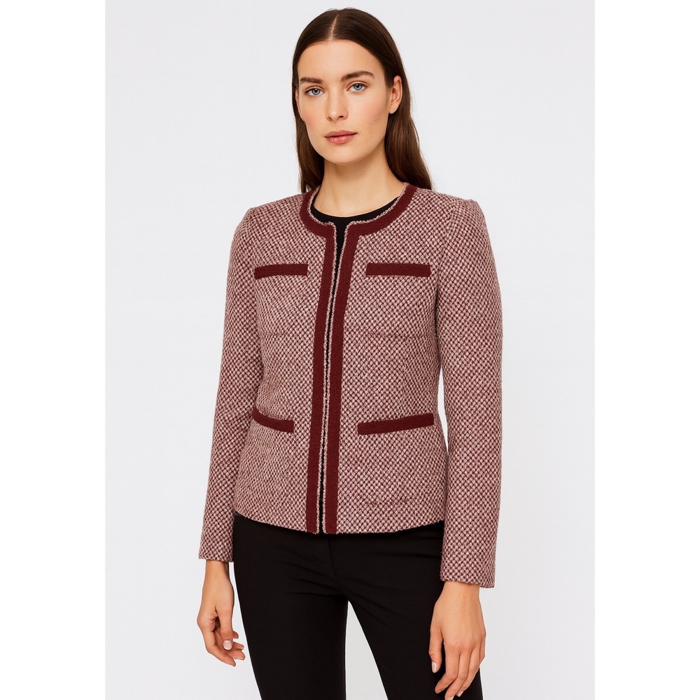 Cynthia Rowley S Textured Tweed Burgundy Trimmed Blazer Academia Preppy 53-10